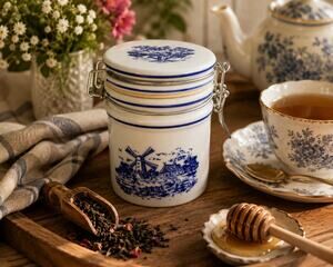 Dutch Windmill Ceramic Clamp Lid Canister Blue White Kitchen Storage Jar